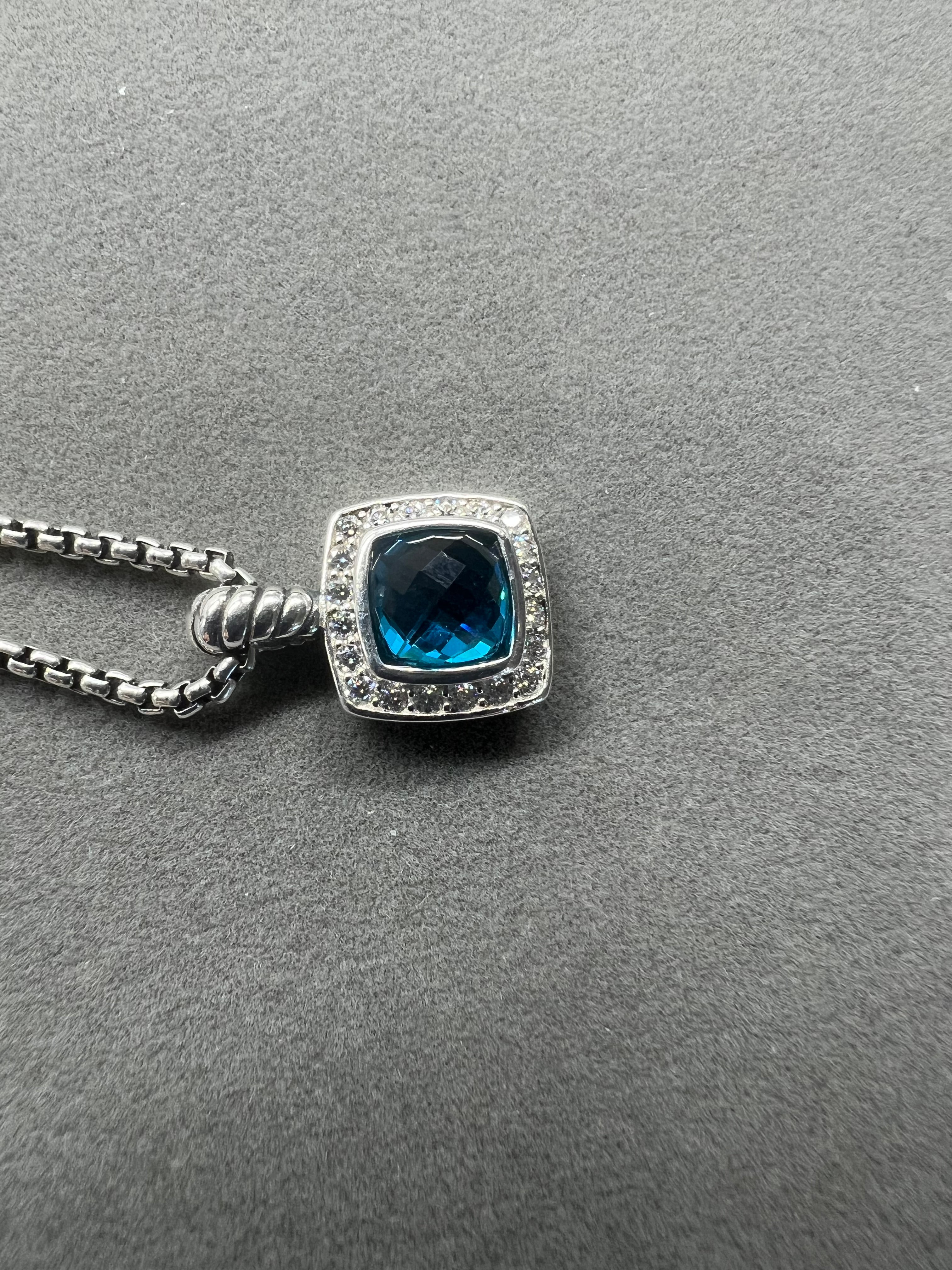 David Yurman Sterling Silver  Blue Topaz Diamond Pendant Necklace