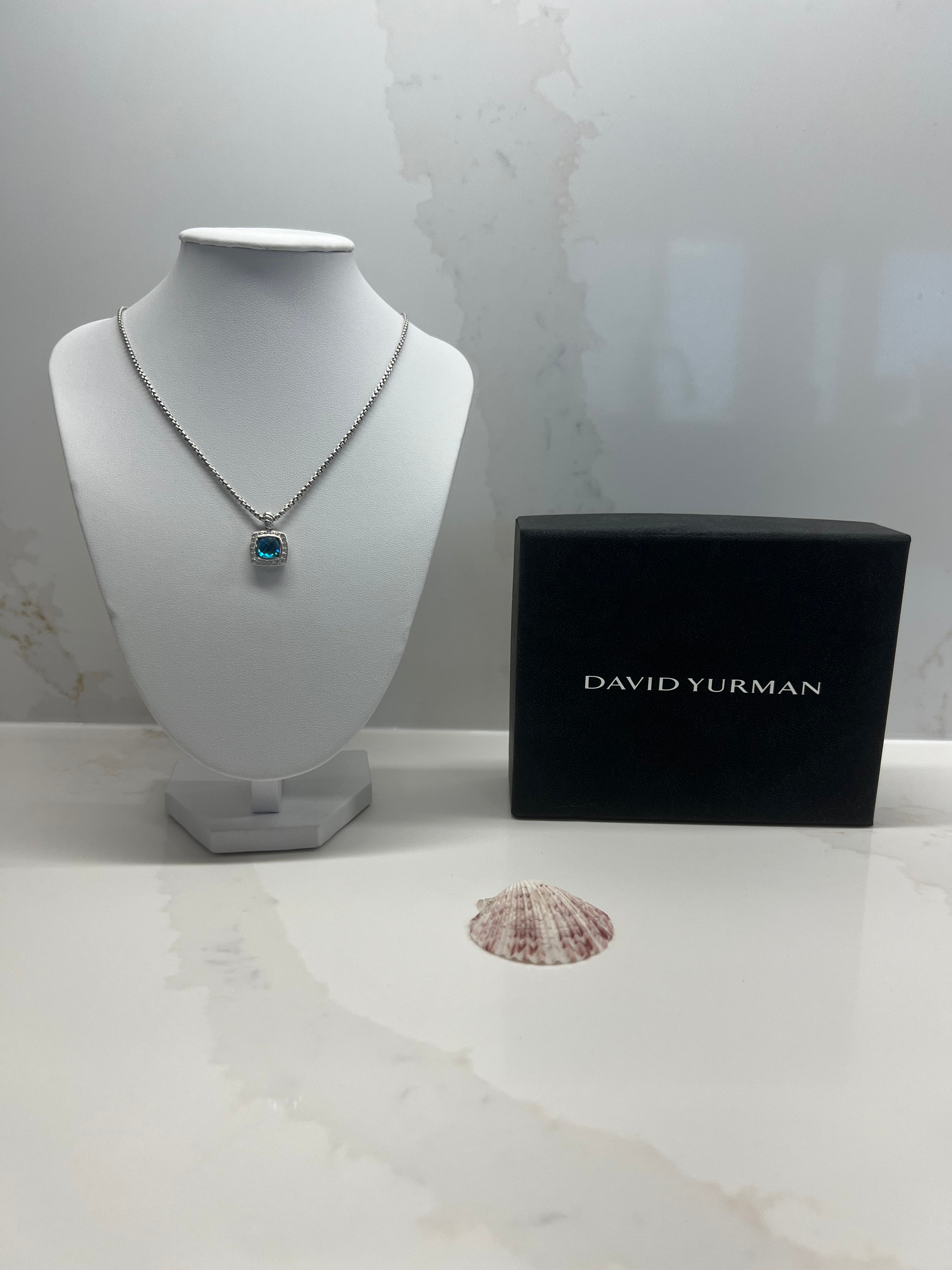 David Yurman Sterling Silver  Blue Topaz Diamond Pendant Necklace
