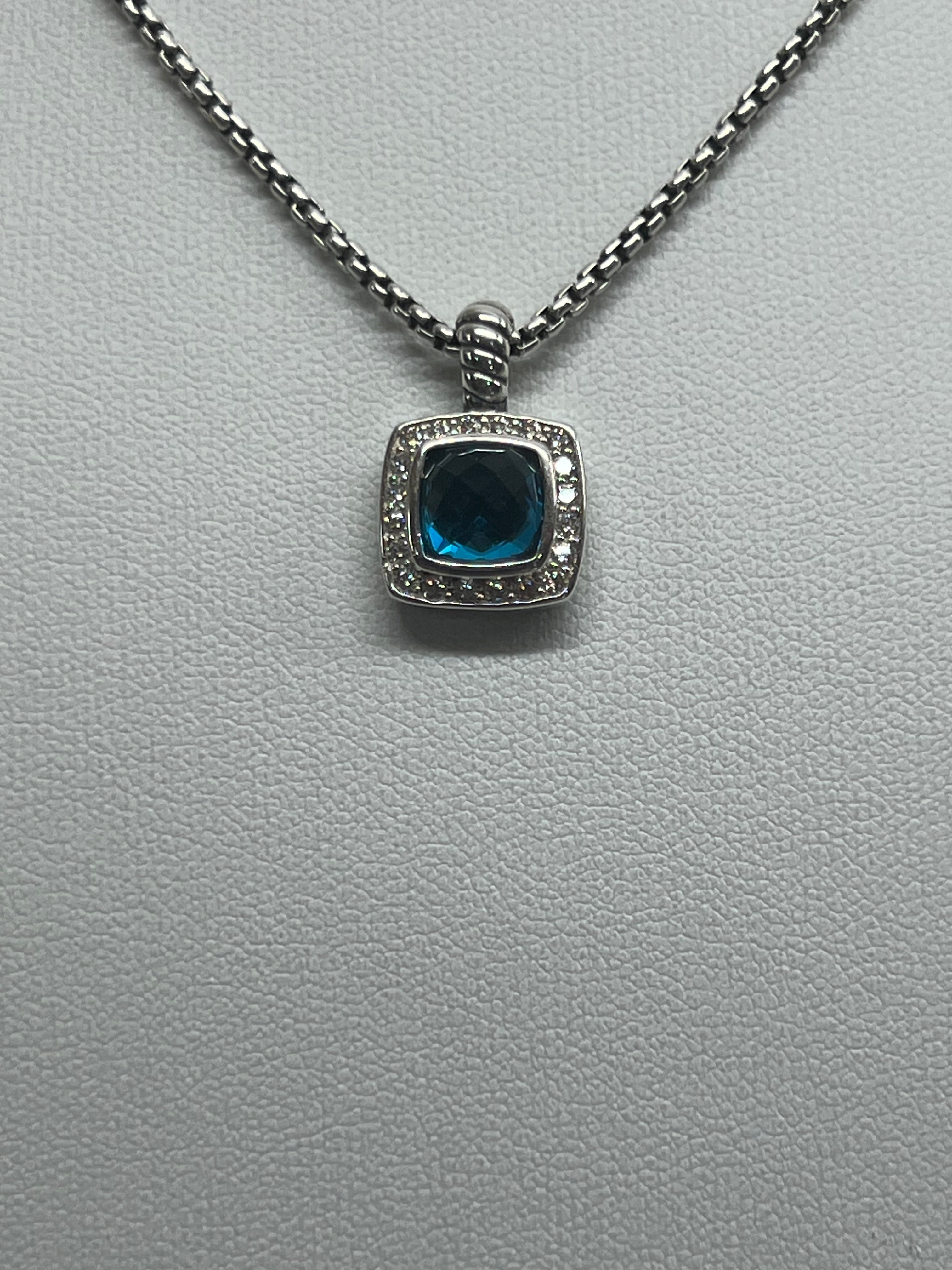 David Yurman Sterling Silver  Blue Topaz Diamond Pendant Necklace
