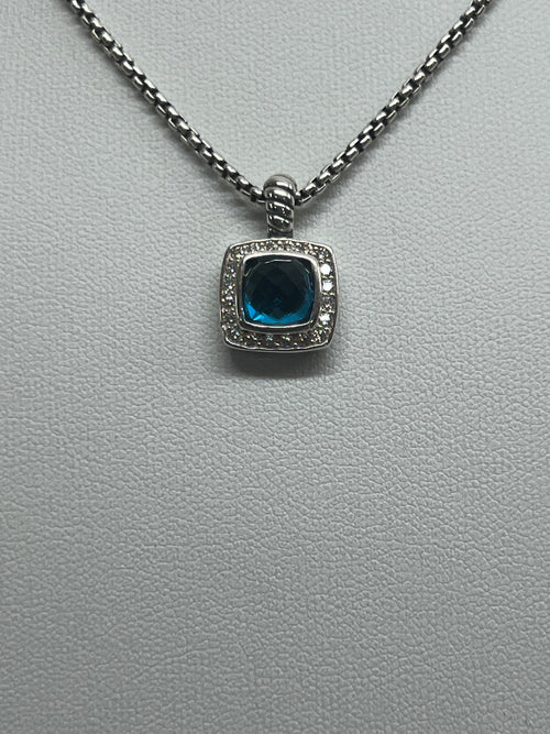 David Yurman Sterling Silver  Blue Topaz Diamond Pendant Necklace