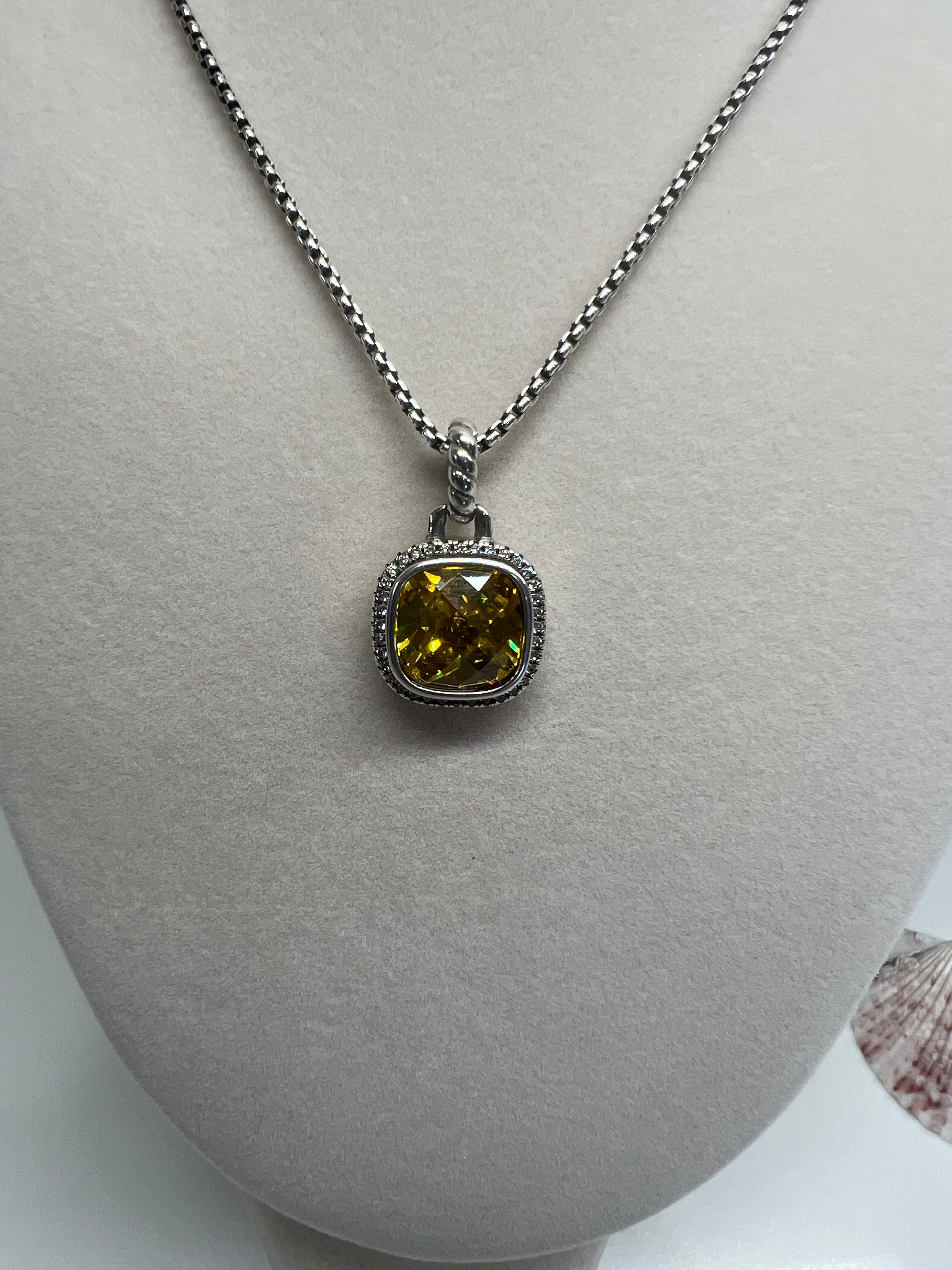 David Yurman Sterling Silver Yellow Citrine Diamond Pendant Necklace