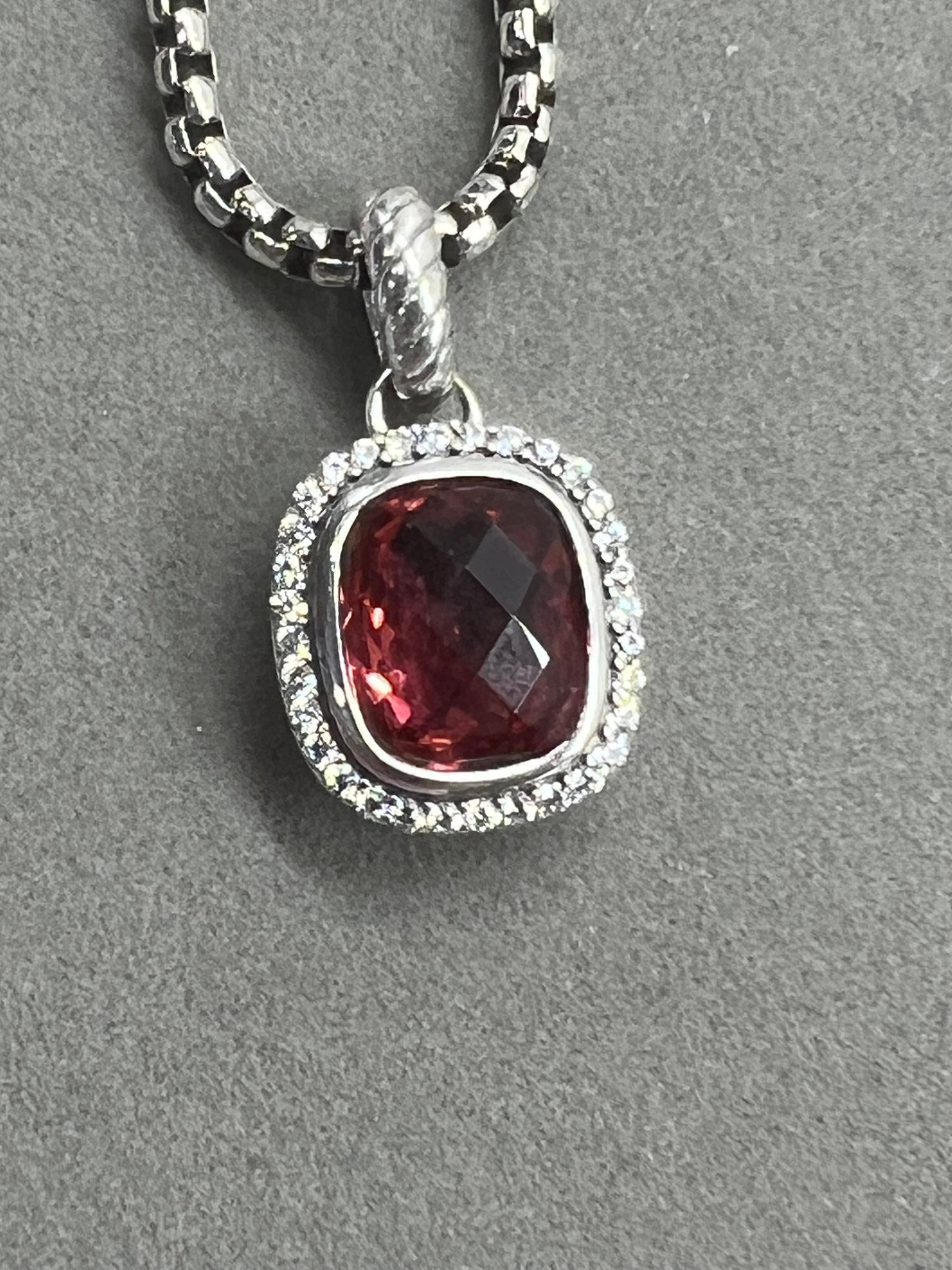 David Yurman Sterling Silver Pink Tourmaline Diamond Pendant Necklace