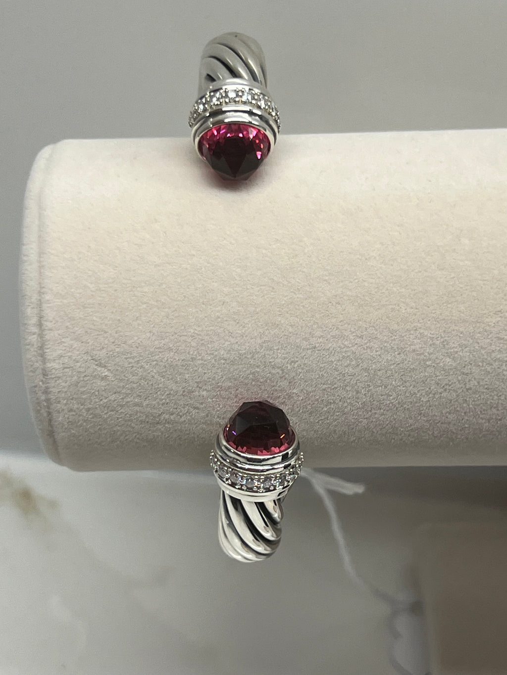 David Yurman Sterling Silver 10MM Pink Tourmaline Diamond Cable Hinge Cuff Bracelet