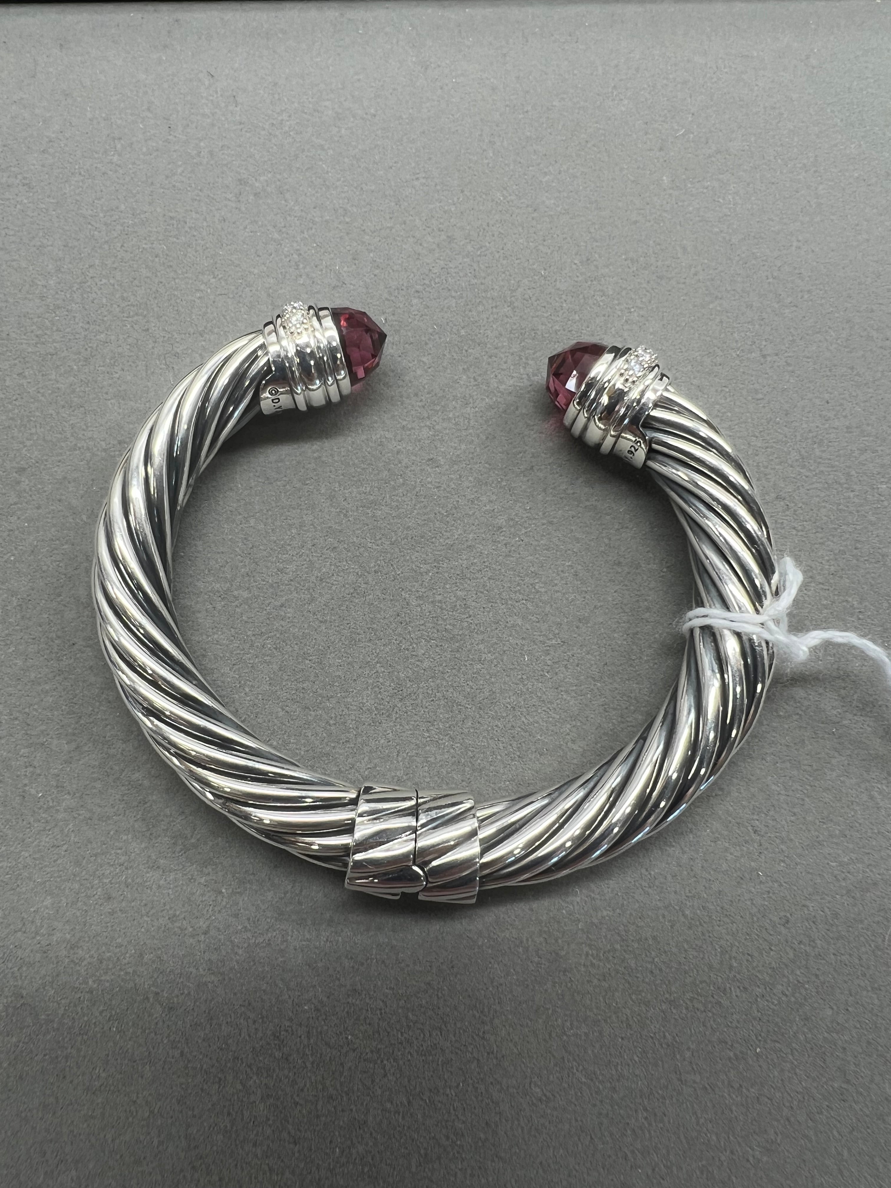 David Yurman Sterling Silver 10MM Pink Tourmaline Diamond Cable Hinge Cuff Bracelet