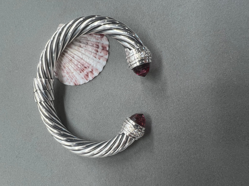 David Yurman Sterling Silver 10MM Pink Tourmaline Diamond Cable Hinge Cuff Bracelet