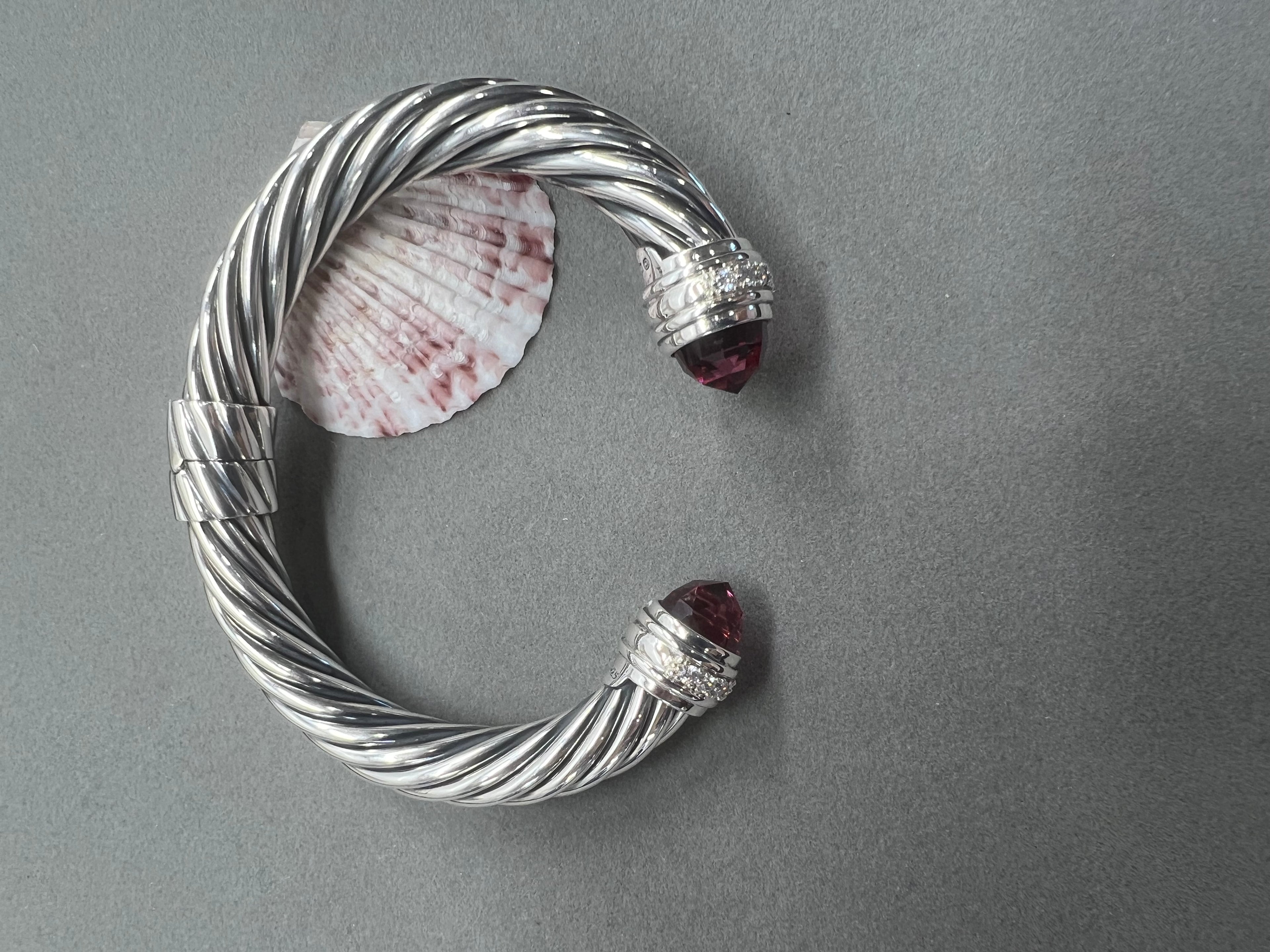 David Yurman Sterling Silver 10MM Pink Tourmaline Diamond Cable Hinge Cuff Bracelet