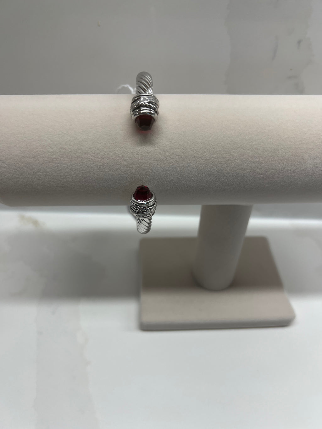 Sterling Silver Red Stone Clear Stone 7MM Cable Cuff Bracelet