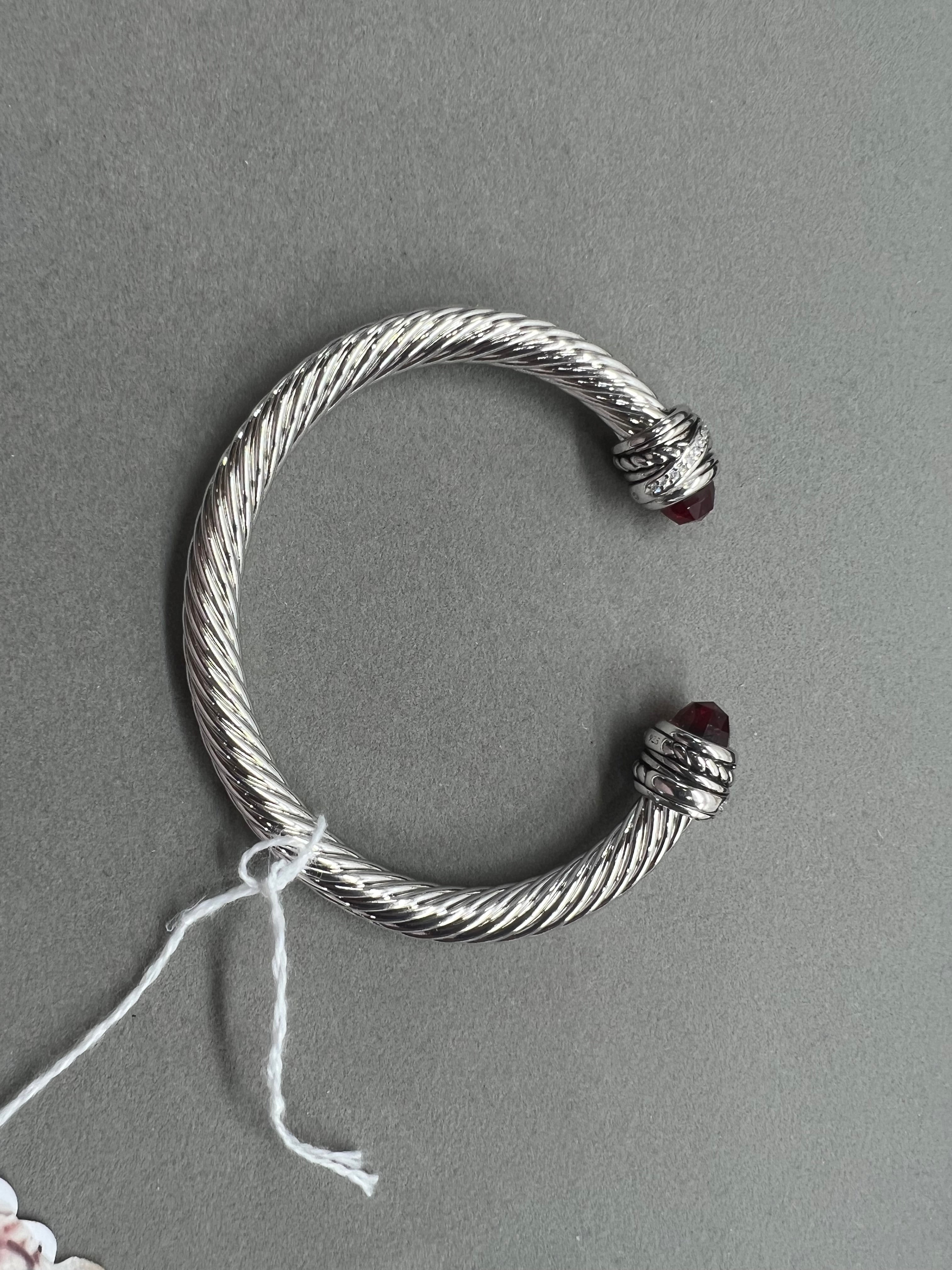 Sterling Silver Red Stone Clear Stone 7MM Cable Cuff Bracelet