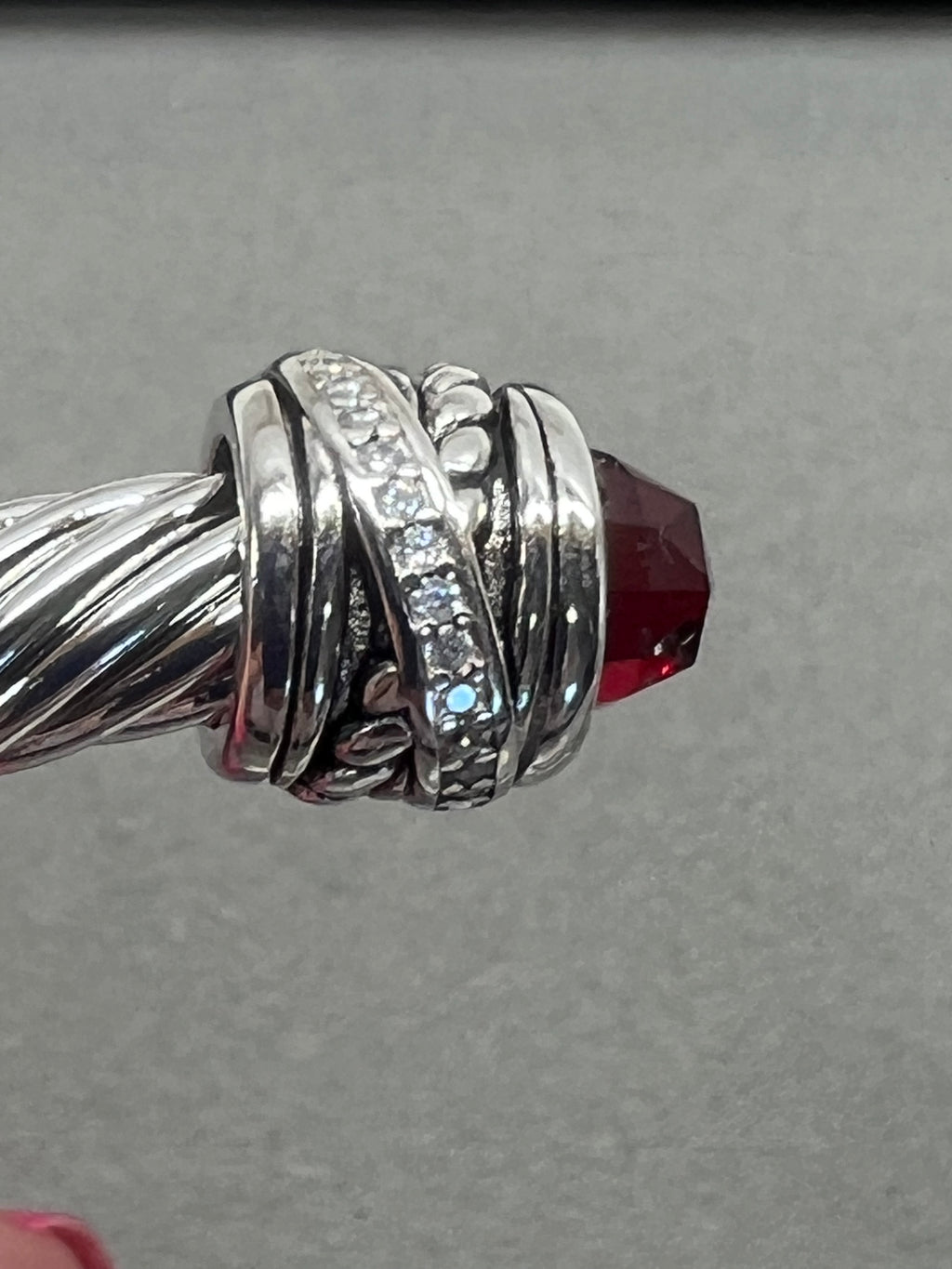 Sterling Silver Red Stone Clear Stone 7MM Cable Cuff Bracelet