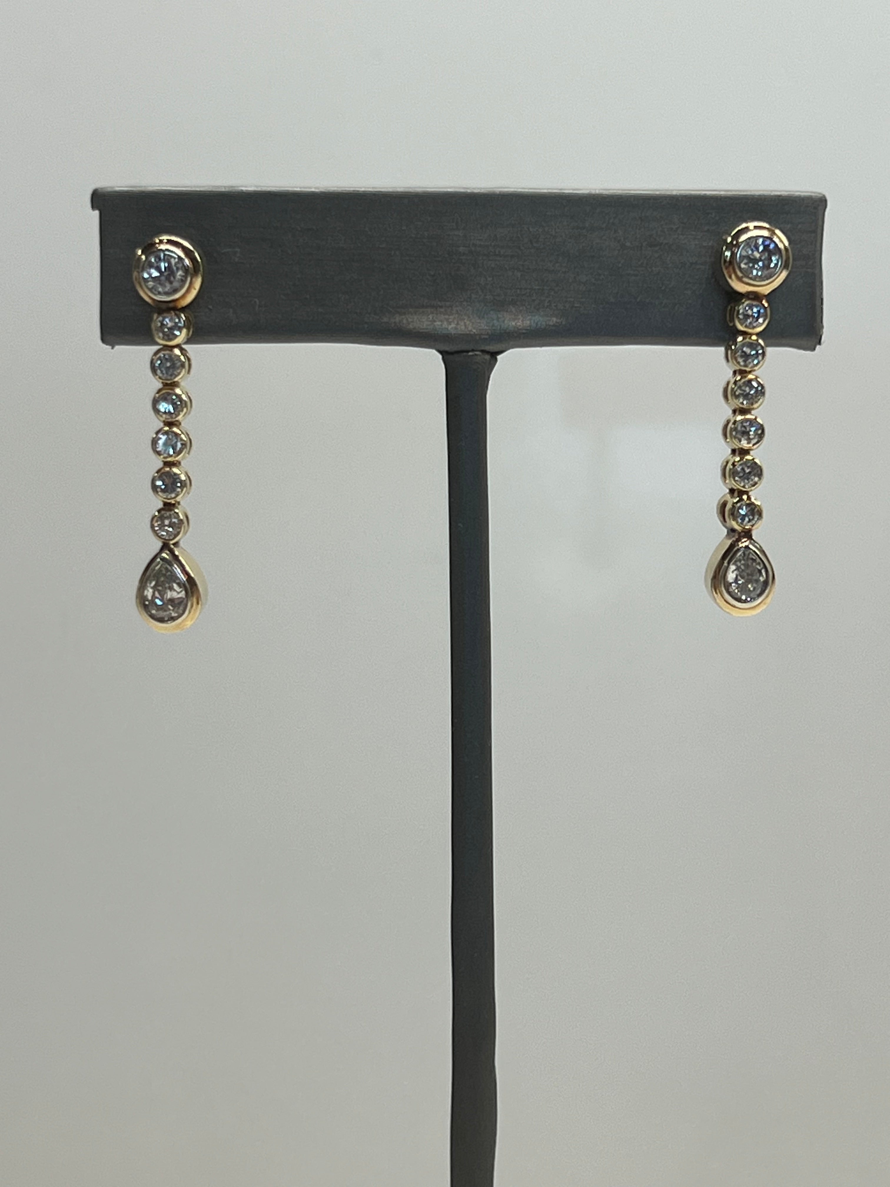 14-18K Natural Diamond Round-Pear Bezel Set Dangle Earrings 2 CTW