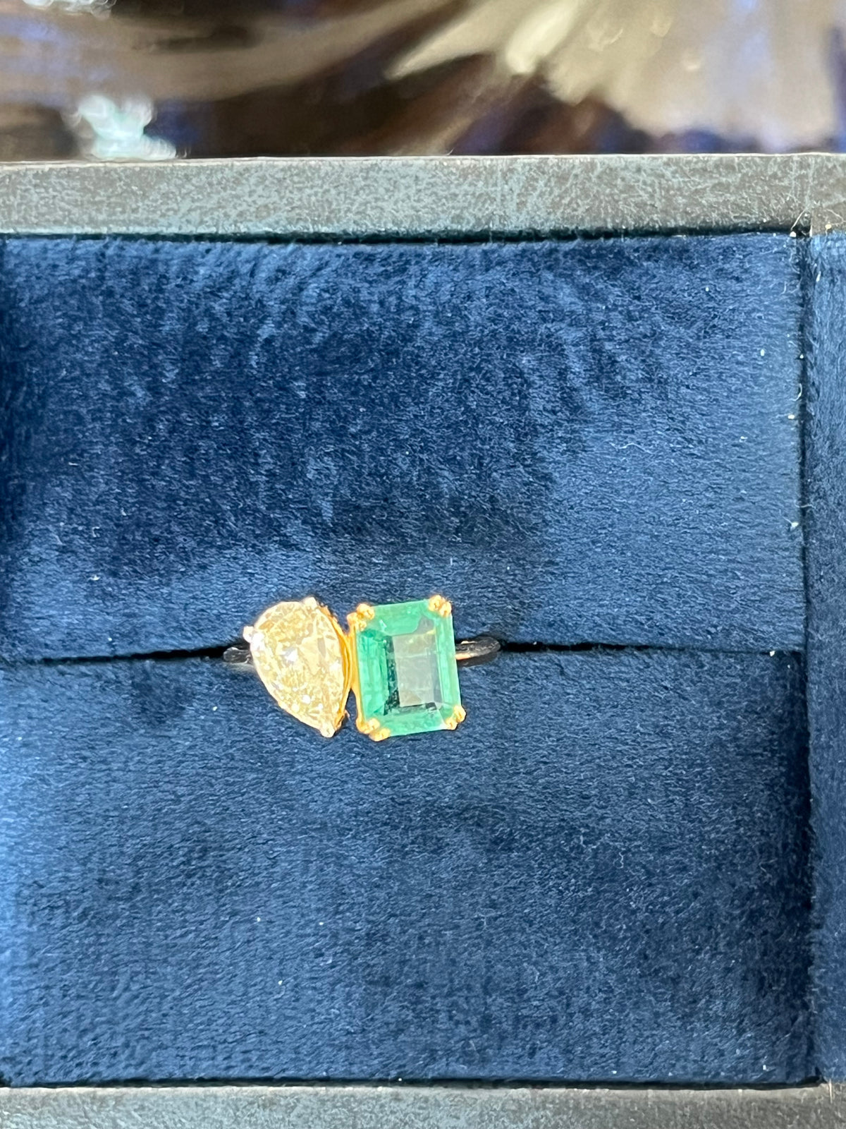 Toi Et Moi Natural Emerald and Diamond Ring 14K Certified