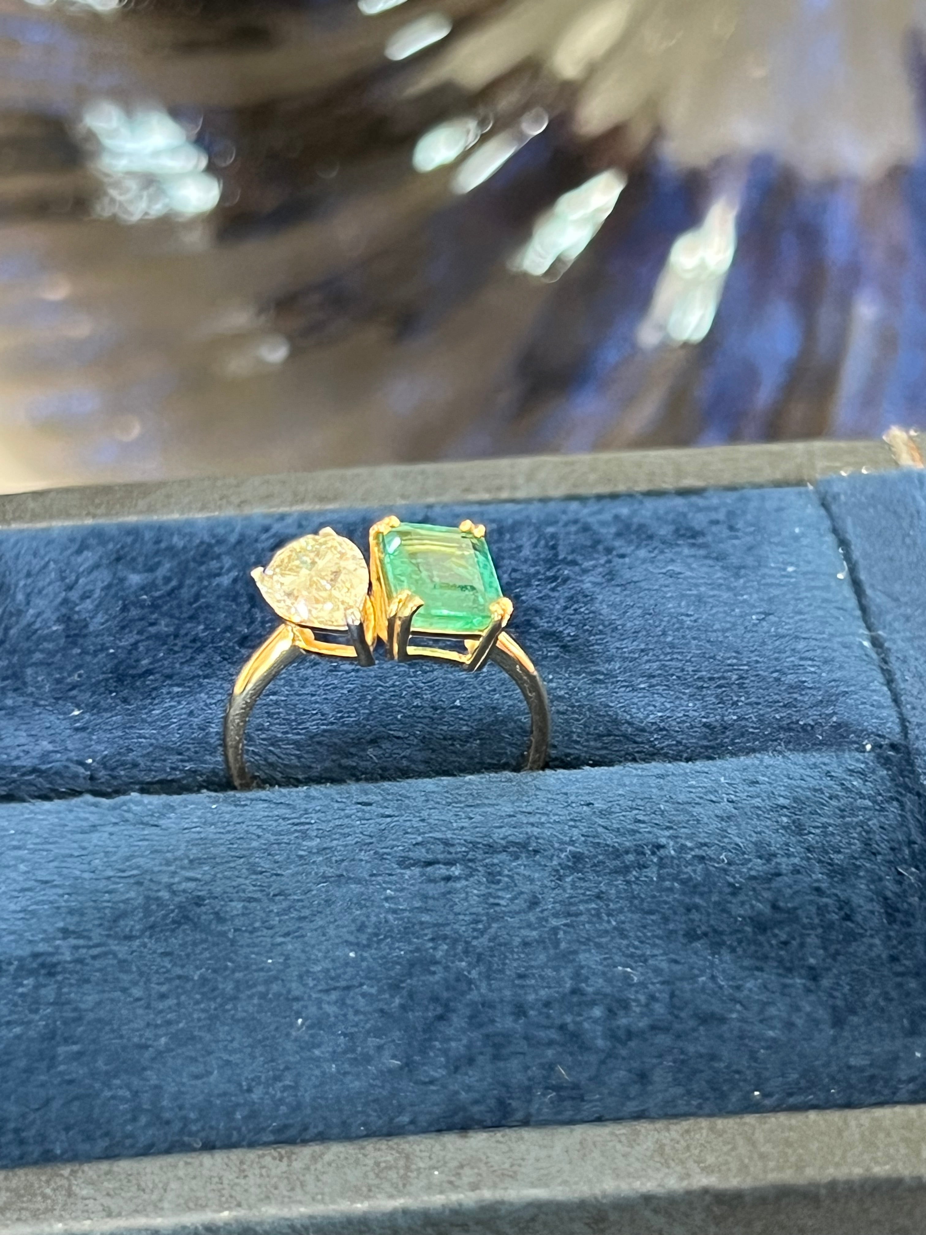 Toi Et Moi Natural Emerald and Diamond Ring 14K Certified