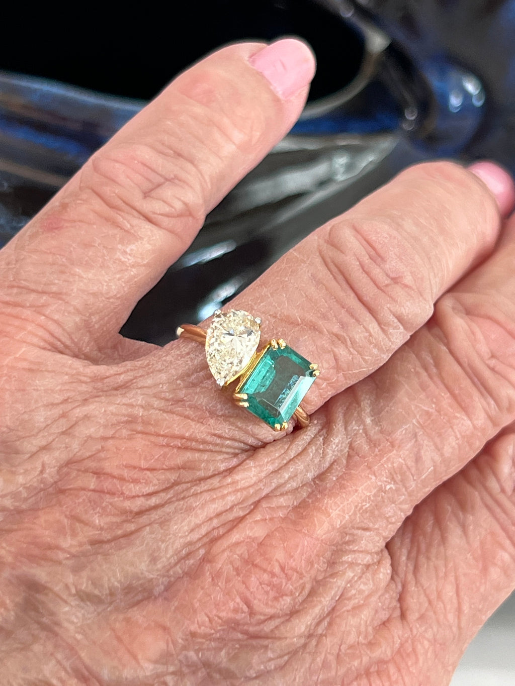 Toi Et Moi Natural Emerald and Diamond Ring 14K Certified