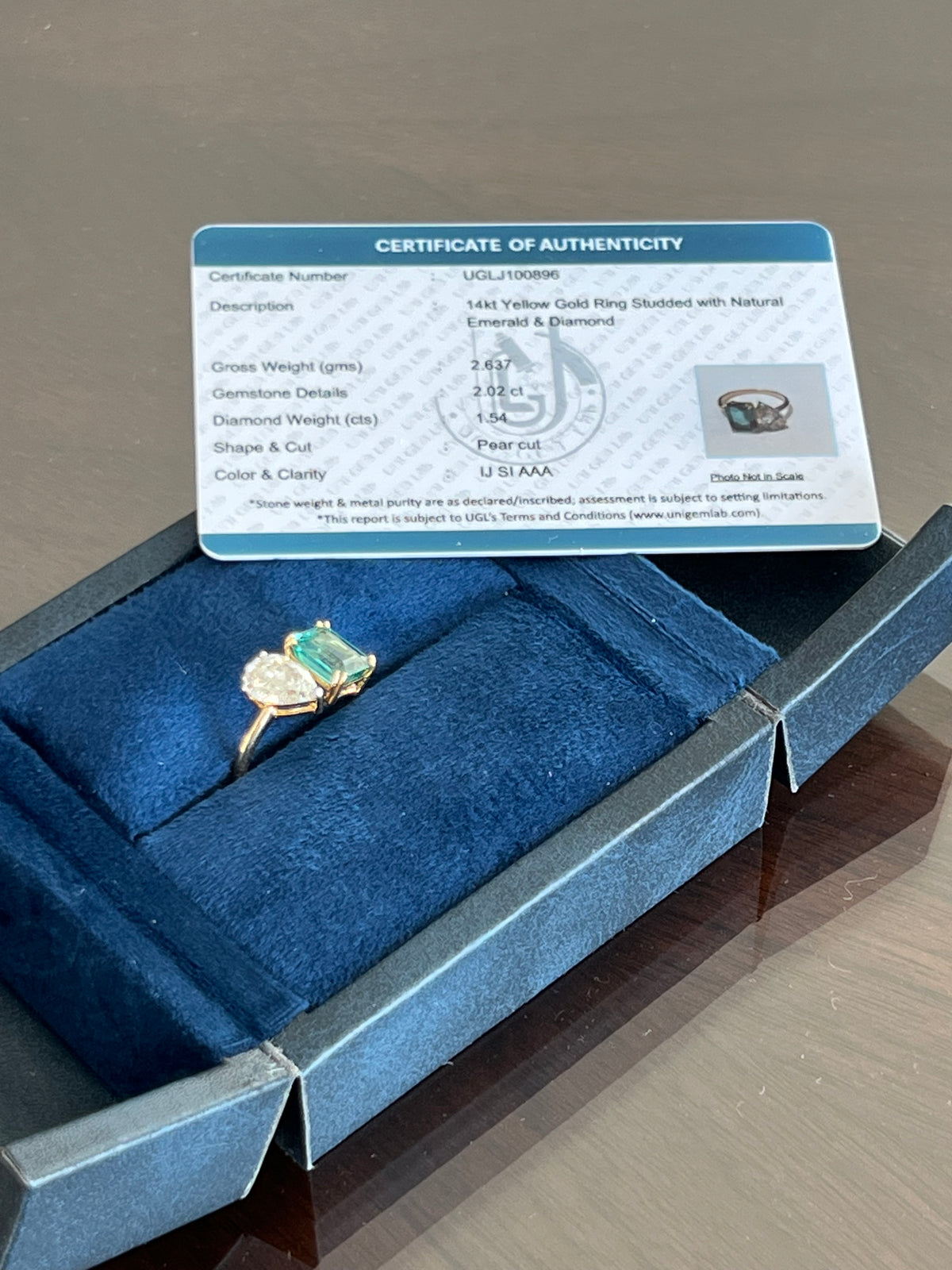 Toi Et Moi Natural Emerald and Diamond Ring 14K Certified