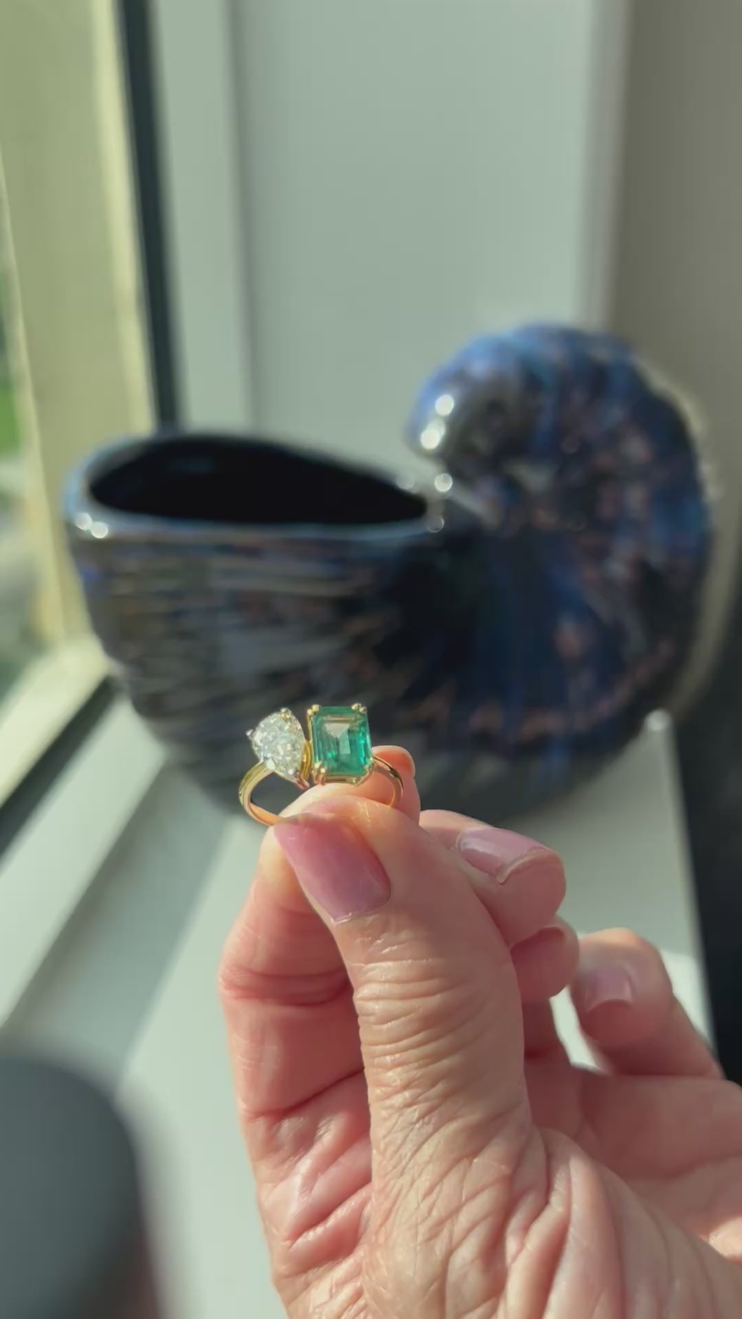 Toi Et Moi Natural Emerald and Diamond Ring 14K Certified